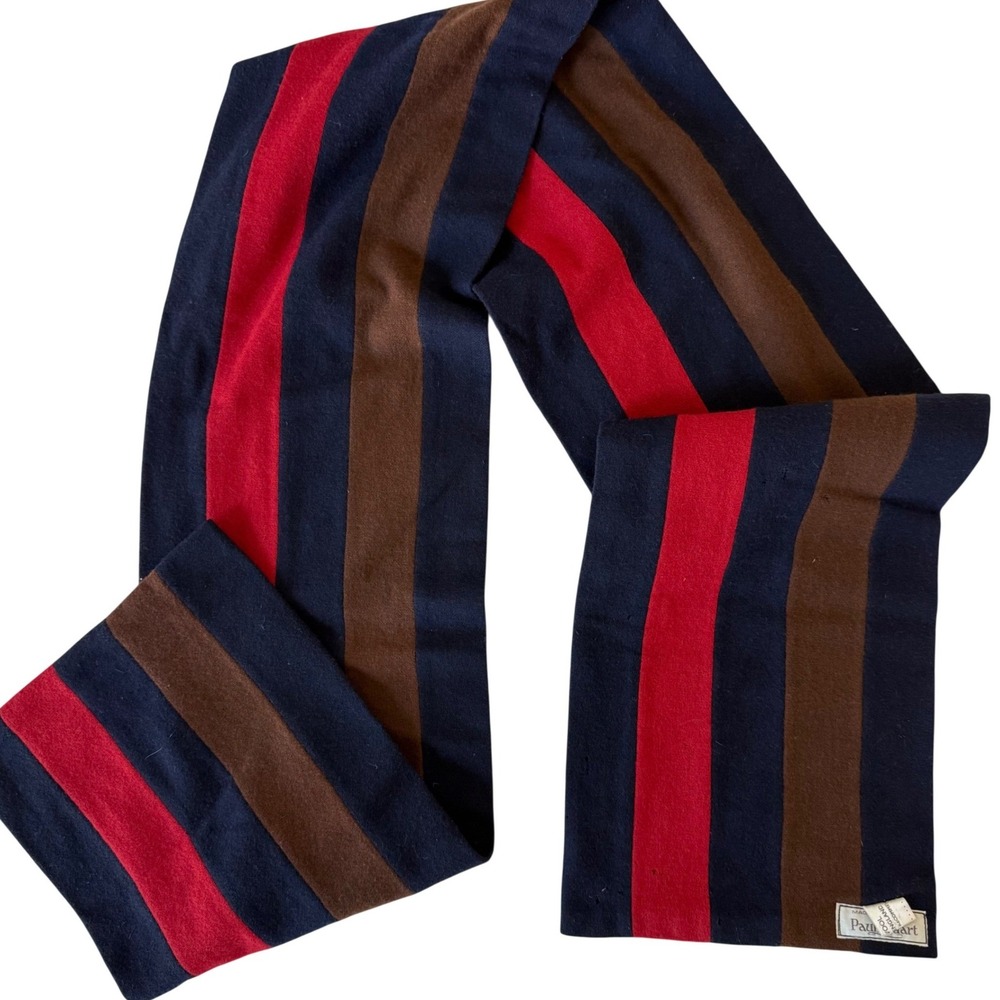 Vintage Paul Stuart Mens 100% Wool Striped Scarf Navy Made in England 72" preppy